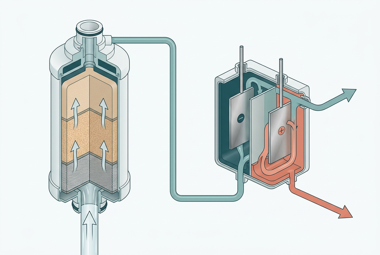 Vereinfachter Schnitt: Wasser strömt durch drei Filterschichten und anschließend in eine Elektrolysekammer mit zwei getrennten Wasserauslässen.